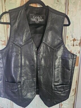 Vintage Black Genuine Leather Motorcycle Vest Size 40 | Classic Biker Snap Front